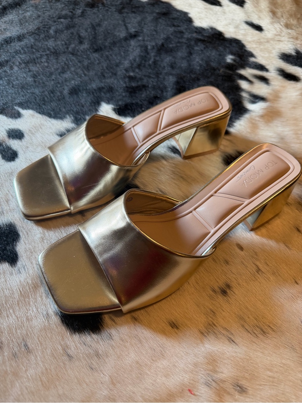 TOP Moda Metallic Gold Block Heel Slide Mules